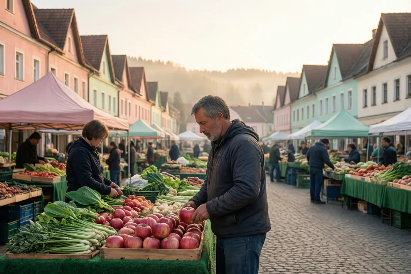 Een man bekijkt appels aan een marktkraam op een dorpsplein met kasseien, omringd door kleurrijke huizen met trapgevels in het vroege ochtendlicht.