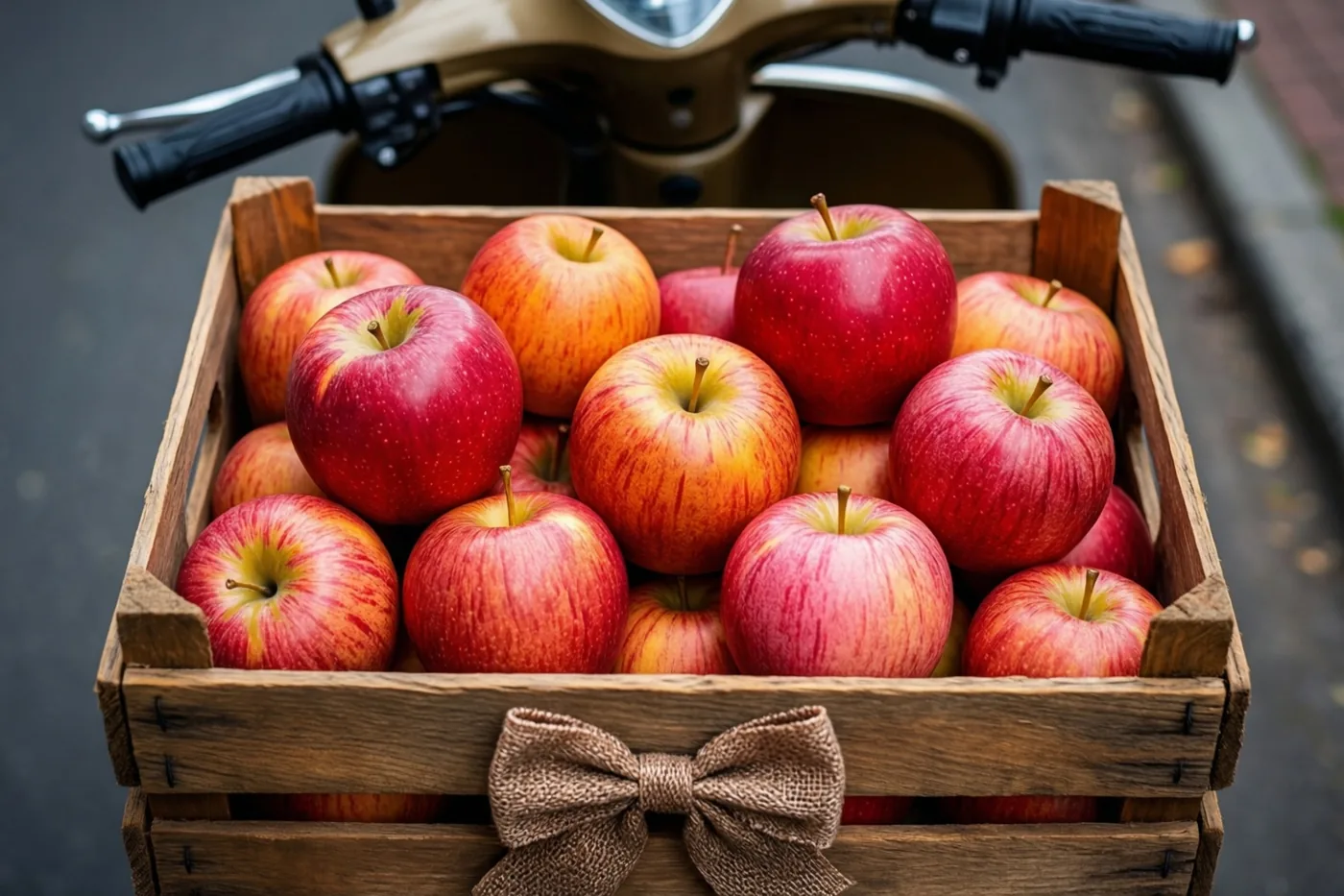 Een houten krat met rode en gele appels en een juten strik staat voor op een vintage scooter op een verharde straat.