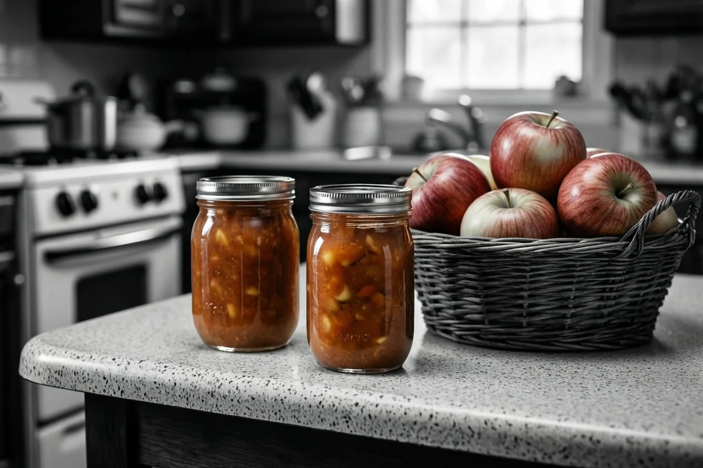 Twee potten appelmoes en een mand rode appels staan op een gespikkeld formica aanrecht in een retro keuken, met rode en oranje kleuraccenten tegen een zwart-witte achtergrond.