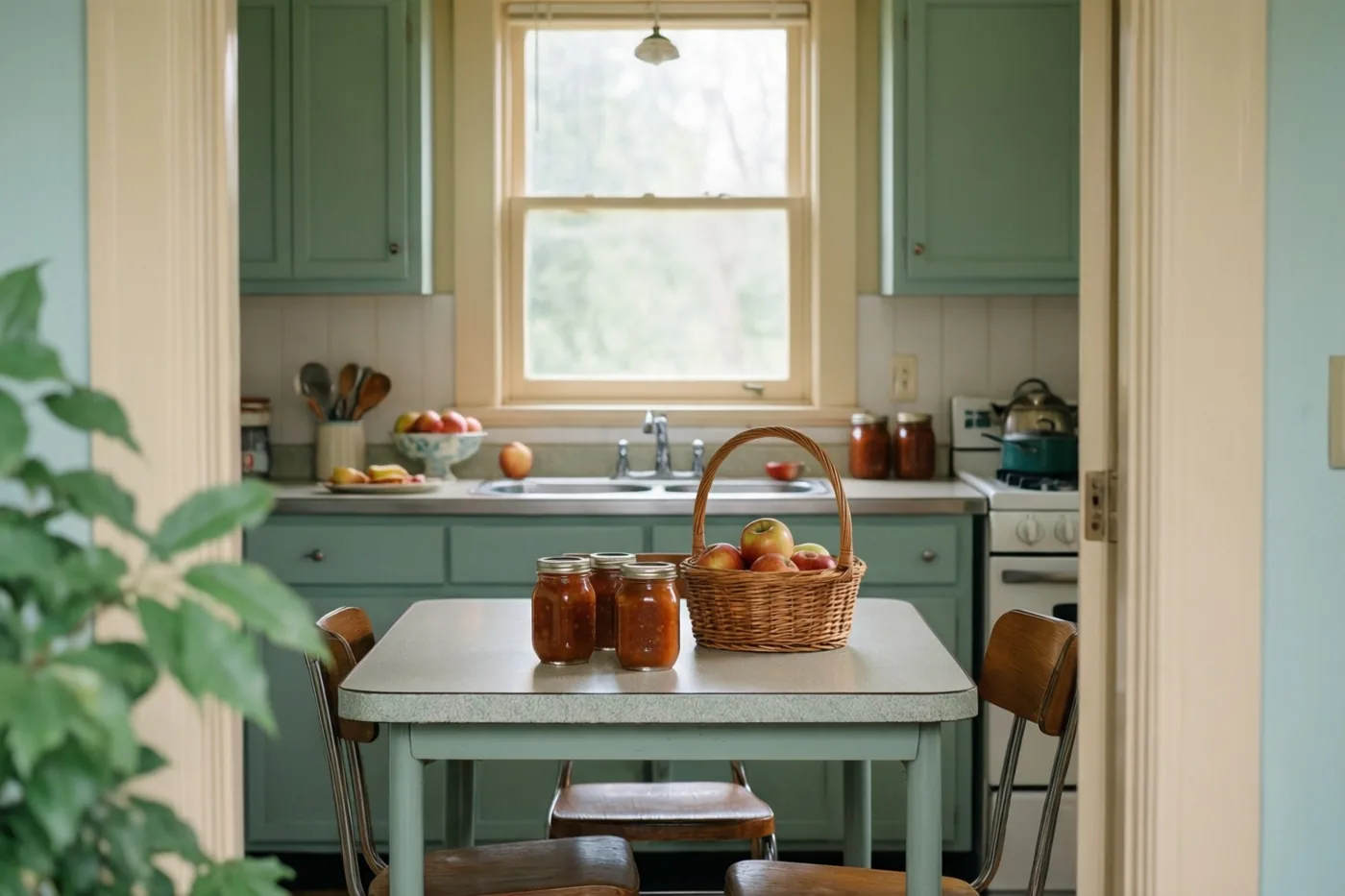 In een retro keuken met groene kasten staan potten appelmoes en een mand appels op een formicatafel in zacht licht uit een raam.
