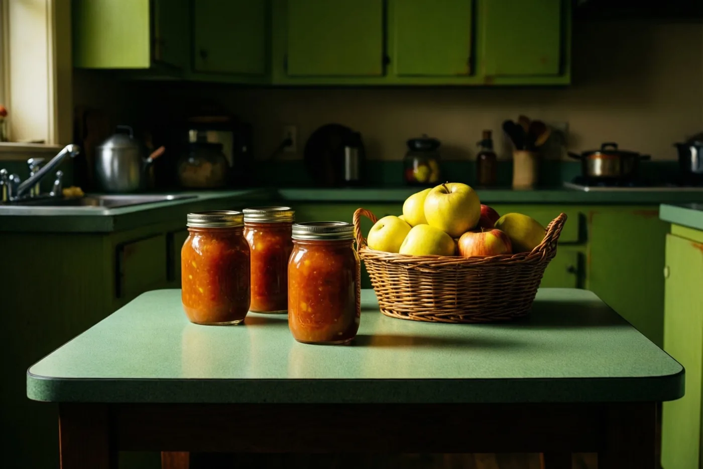 Drie potten appelmoes en een rieten mand appels staan op een groene formicatafel in een retro keuken met warm daglicht.