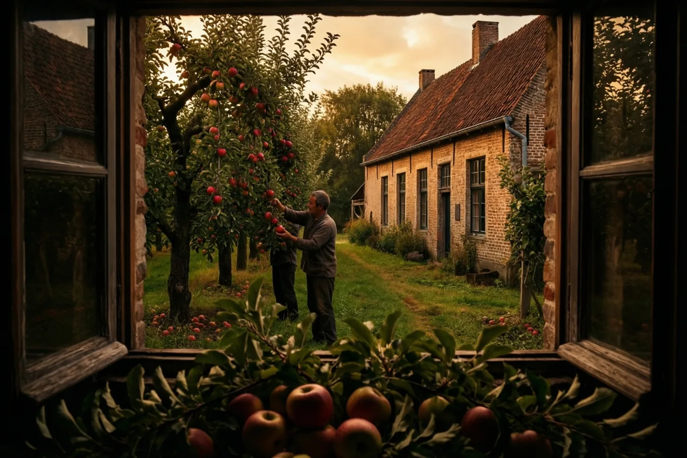Door een houten raamkozijn zijn twee mensen te zien die appels plukken in een oude boomgaard bij een Vlaamse hoeve met een rood pannendak onder een goudkleurige avondhemel.