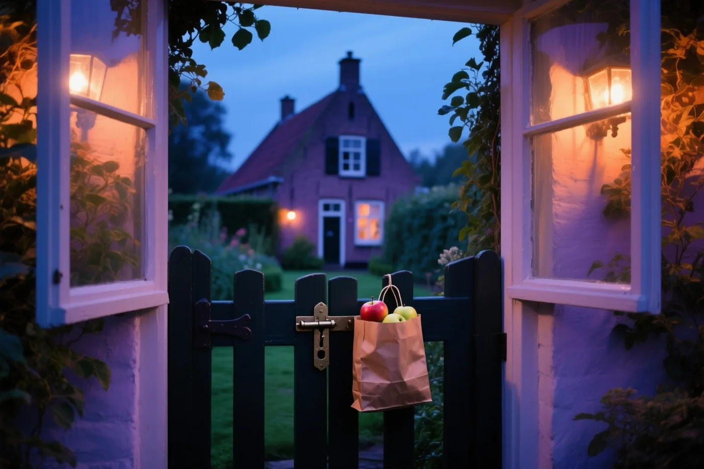 Door een open raam is in de avondschemering een zak appels aan een zwart tuinhek te zien, met warm licht vanuit het huis.