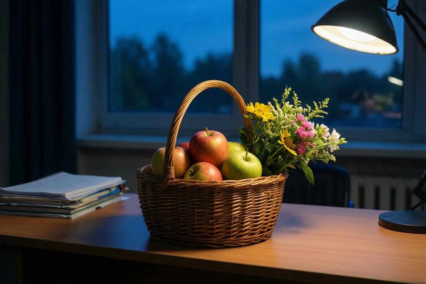 Een rieten mand met rode en groene appels en gele, roze en witte bloemen staat op een houten bureau onder een bureaulamp, voor een raam met een blauwe avondlucht.