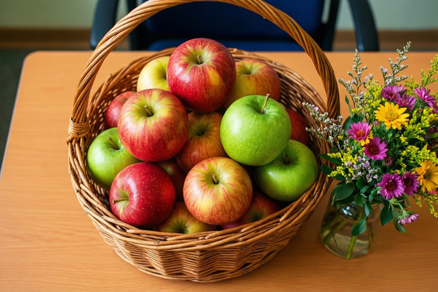 Een rieten mand met rode en groene appels staat naast een vaasje kleurrijke bloemen op een houten bureau, met een blauwe stoel op de achtergrond.
