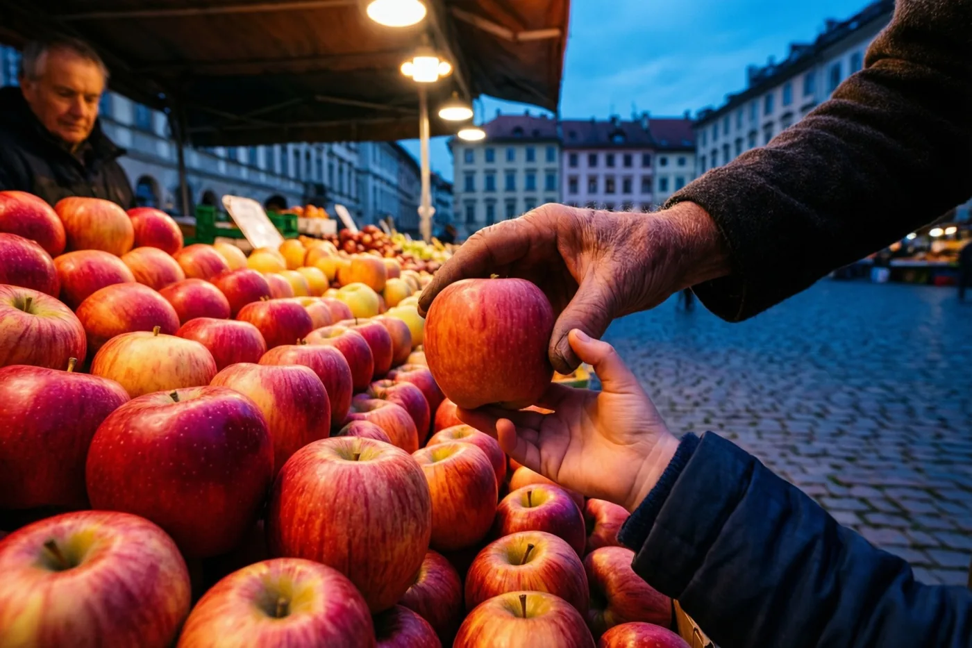 Een oude en een kleine hand kiezen samen een appel uit een grote stapel aan een marktkraam op een kasseiplein, onder warme lampen en een blauwe avondhemel.
