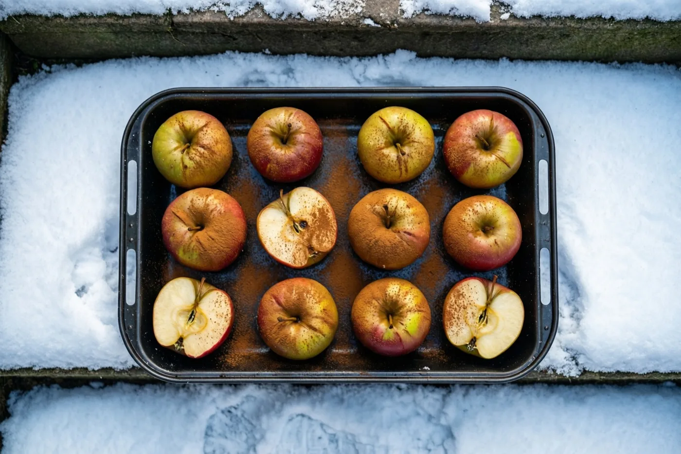 Een zwarte bakplaat met twaalf hele en halve appels bestrooid met kaneel staat op besneeuwde treden.