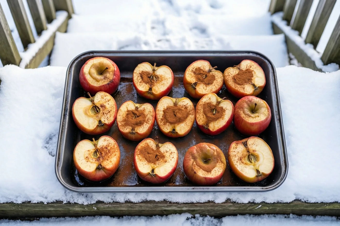 Een metalen bakplaat met appelschijfjes bestrooid met kaneel staat op een besneeuwde houten trede met houten leuningen op de achtergrond.