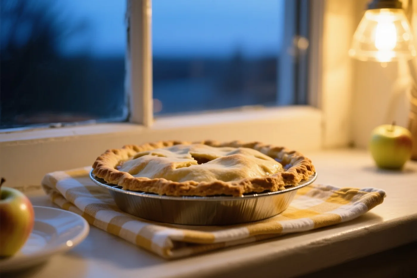 Een goudbruine zelfgebakken appeltaart in een aluminium bakvorm staat op een geel-wit geruite keukenhanddoek op een vensterbank, met warm lamplicht en blauwe schemering achter het raam.