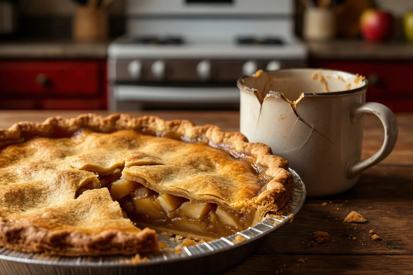 Een goudbruine appeltaart waaruit een stuk ontbreekt, staat naast een beschadigde keramieken mok op een houten keukentafel met een onscherpe keuken op de achtergrond.