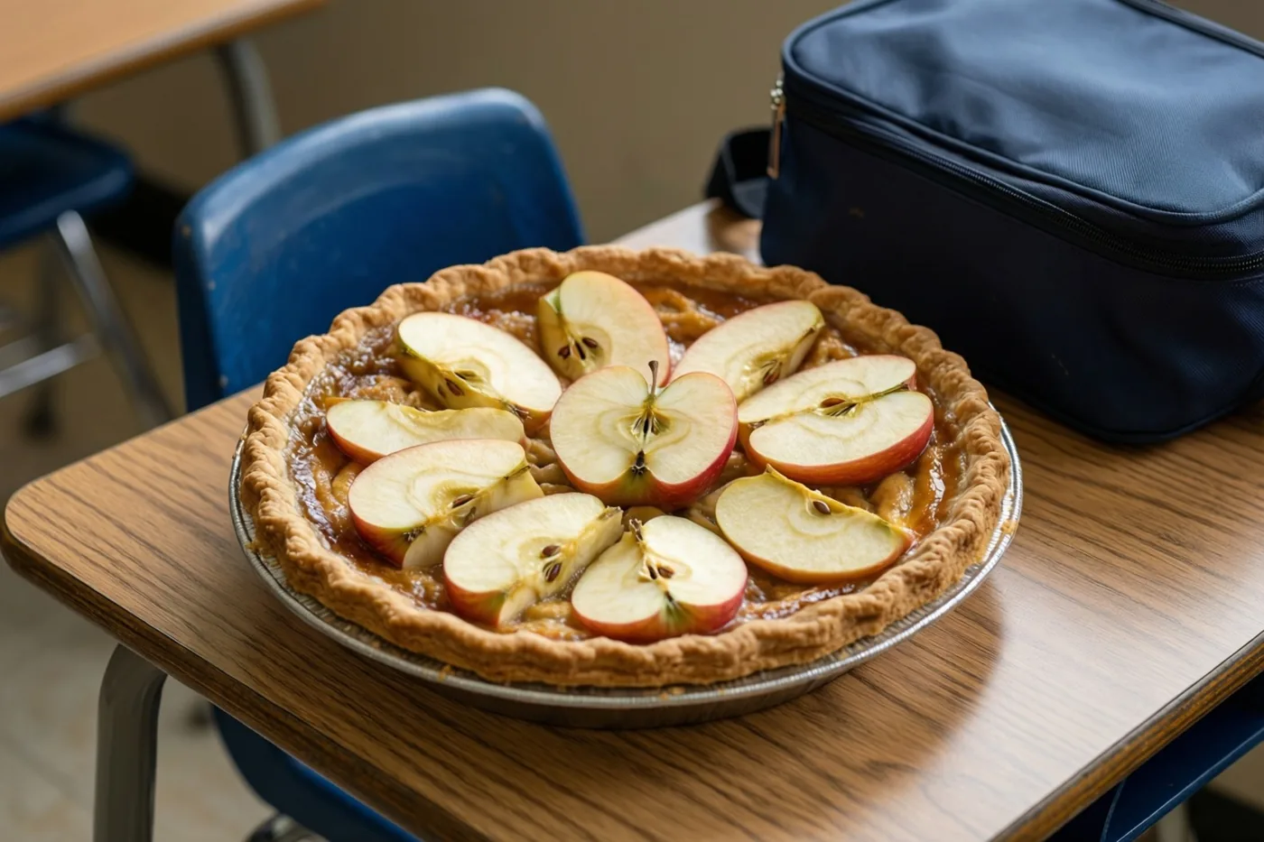 Een appeltaart met schijfjes appel bovenop staat op een houten schoolbank naast een blauwe boekentas, met blauwe stoelen op de achtergrond.