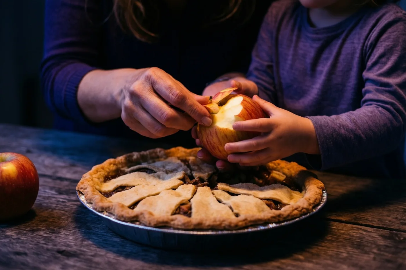 Een moeder en kind schillen samen een appel boven een houten tafel, met een appeltaart in een metalen bakvorm ernaast en warme paarse en bruine tinten.