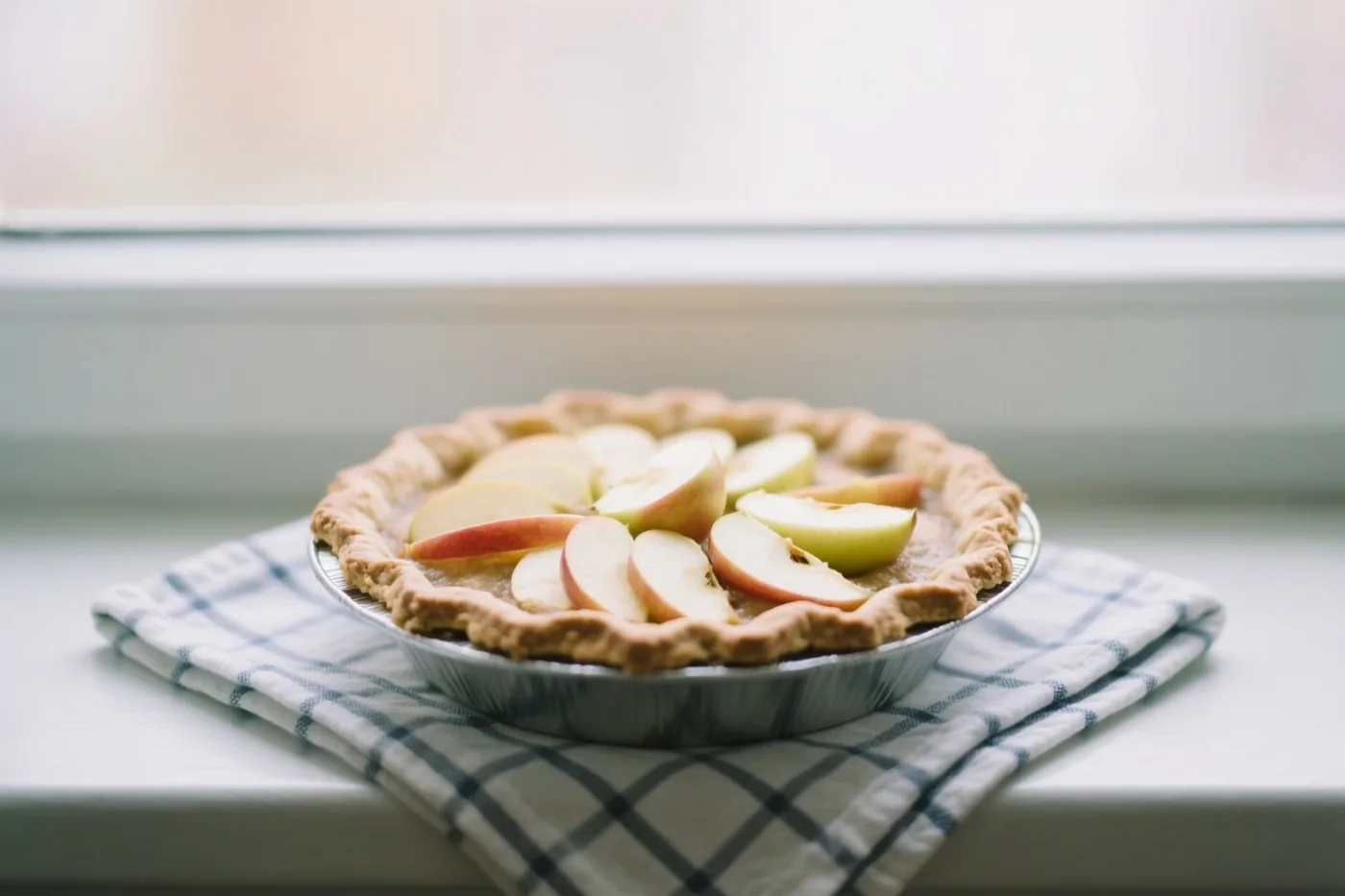 Een zelfgebakken appeltaart met appelschijfjes bovenop koelt af op een vensterbank op een blauw-wit geruite keukenhanddoek.