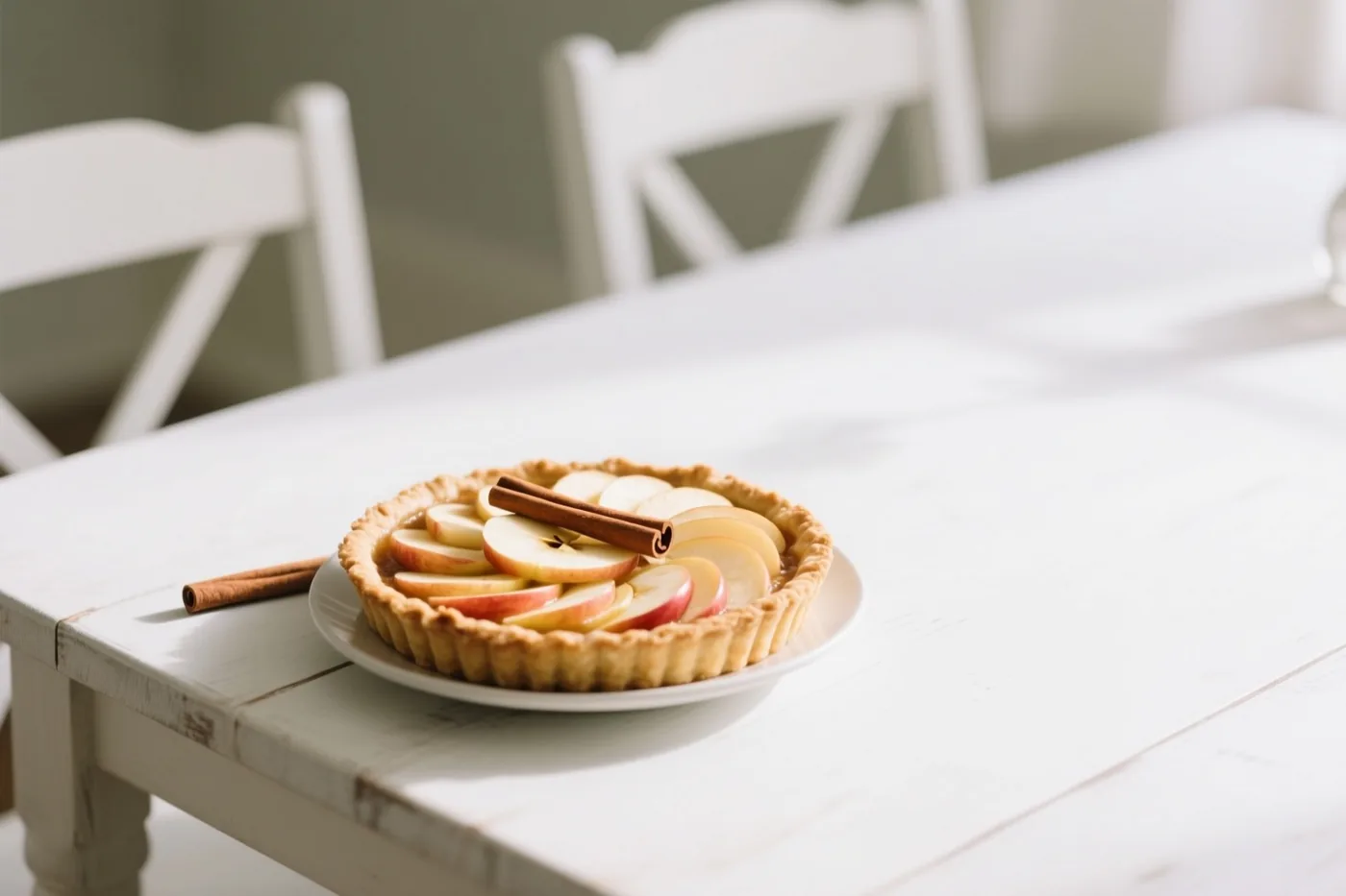 Een appeltaart met kaneel en een heel kaneelstokje staat op een wit bord op een witte landelijke tafel, met witte stoelen op de achtergrond.