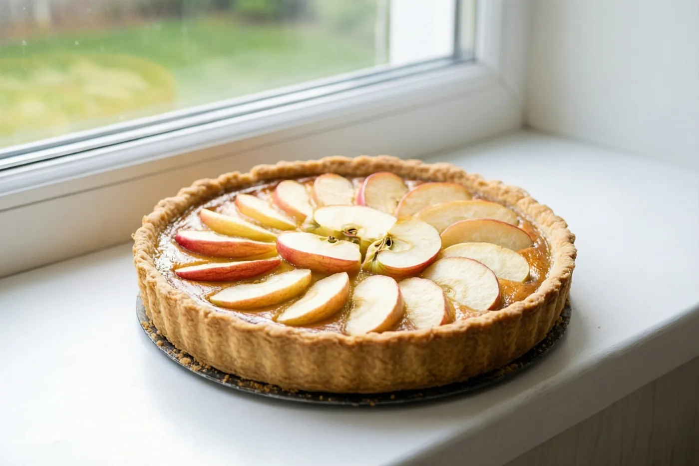 Een versgebakken appeltaart met appelschijfjes staat op een witte vensterbank, met een onscherp groen uitzicht achter het raam.