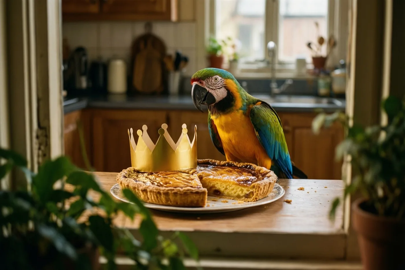 Een kleurrijke ara zit naast een gouden papieren kroon en een aangesneden frangipanetaart op een keukentafel, in een warm verlichte keuken met houten kasten en potplanten.