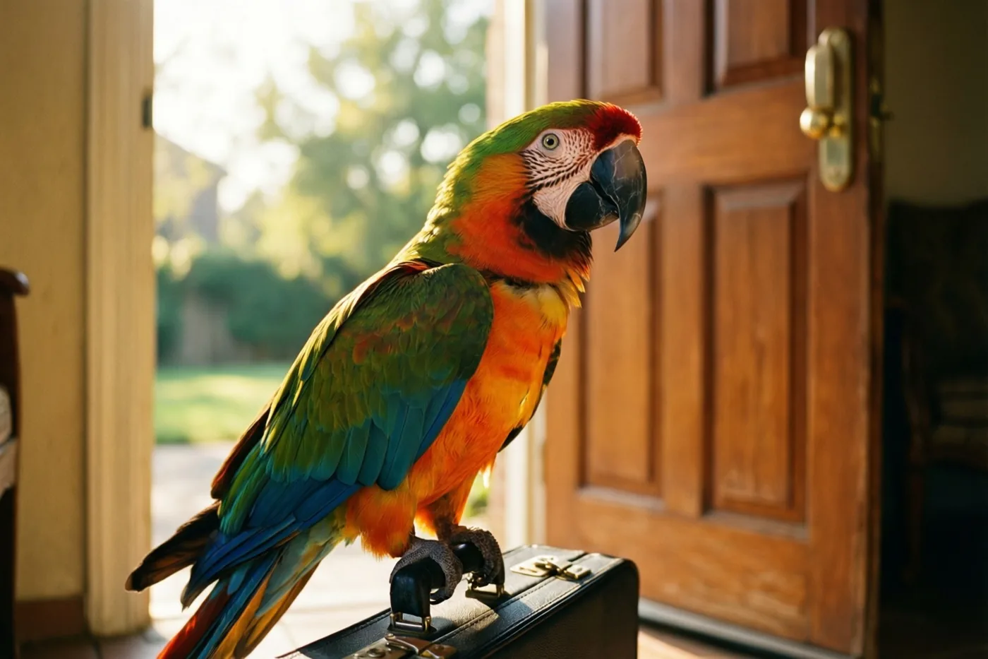 Een ara met groene, oranje en blauwe veren zit op een zwarte aktetas bij een houten voordeur, in warm zonlicht dat door de open deuropening valt.