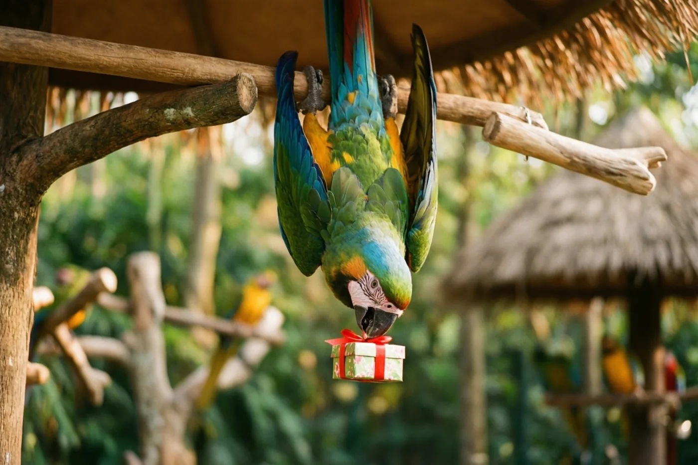 Een kleurrijke ara hangt ondersteboven aan een houten tak met een cadeaudoosje met rood lint in zijn snavel, in een groen tropisch verblijf met rieten daken.