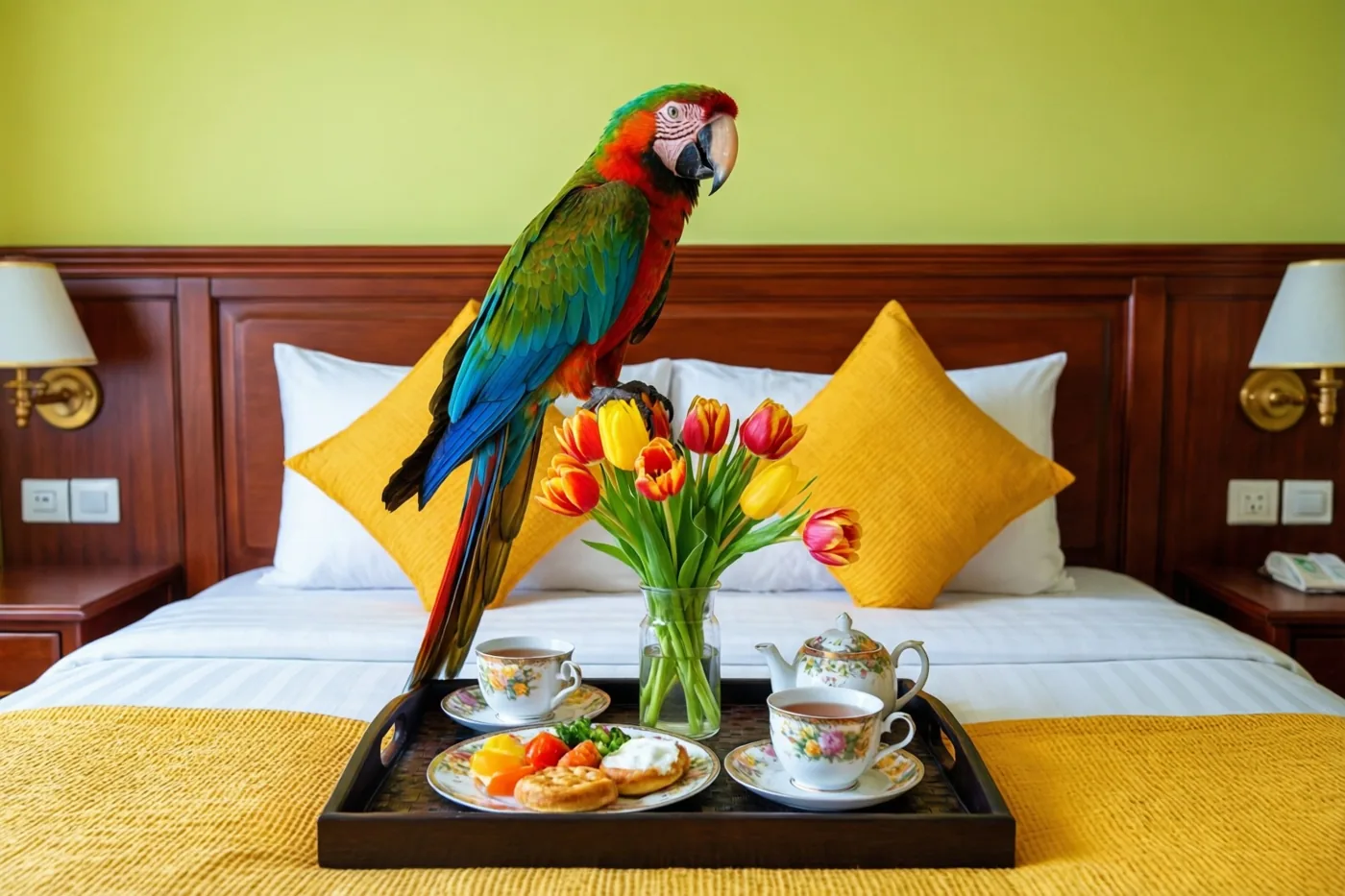 Een kleurrijke ara zit op een houten hoofdbord boven een ontbijtdienblad op een bed, tussen gele kussens, een gele muur en een vaas tulpen.