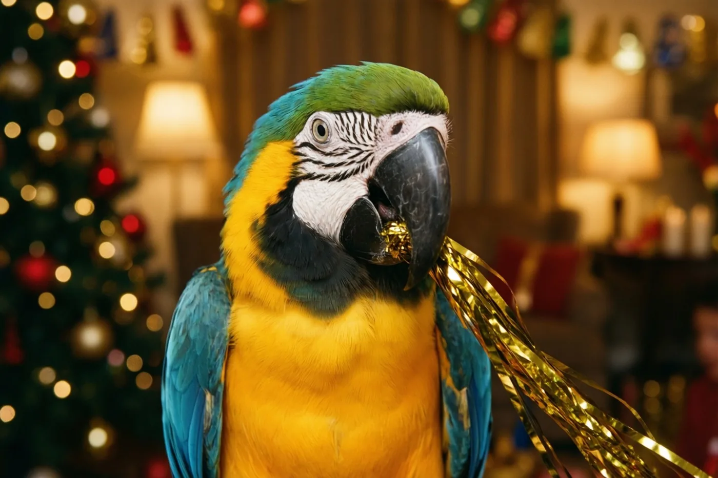 Een blauwgele ara houdt een gouden slinger in zijn snavel, met een onscherpe kerstboom en warme binnenverlichting op de achtergrond.
