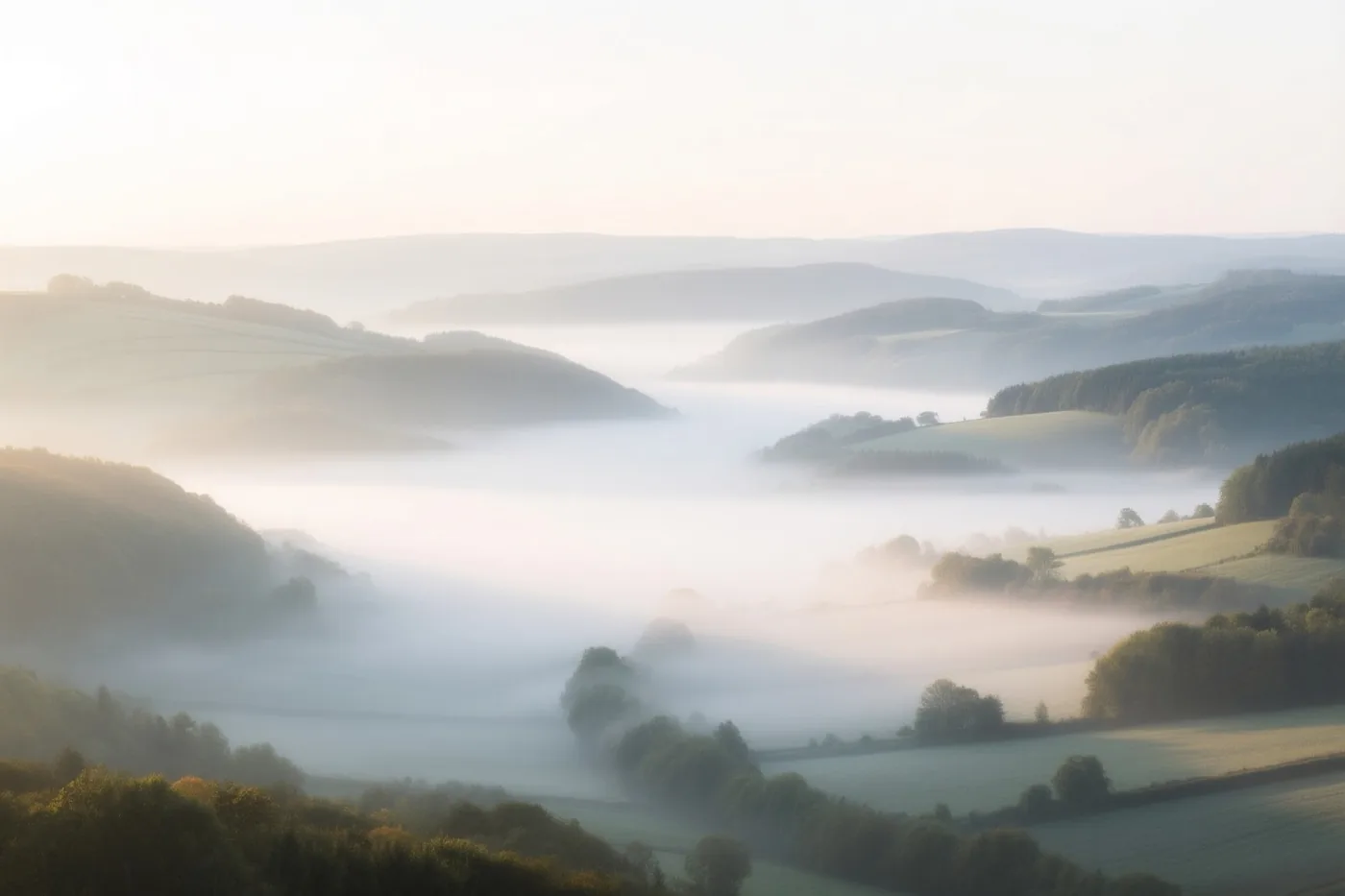 Een mistige Ardense vallei bij zonsopgang toont glooiende heuvels die in zachte groene, bruine en witte lagen naar de verte vervagen.