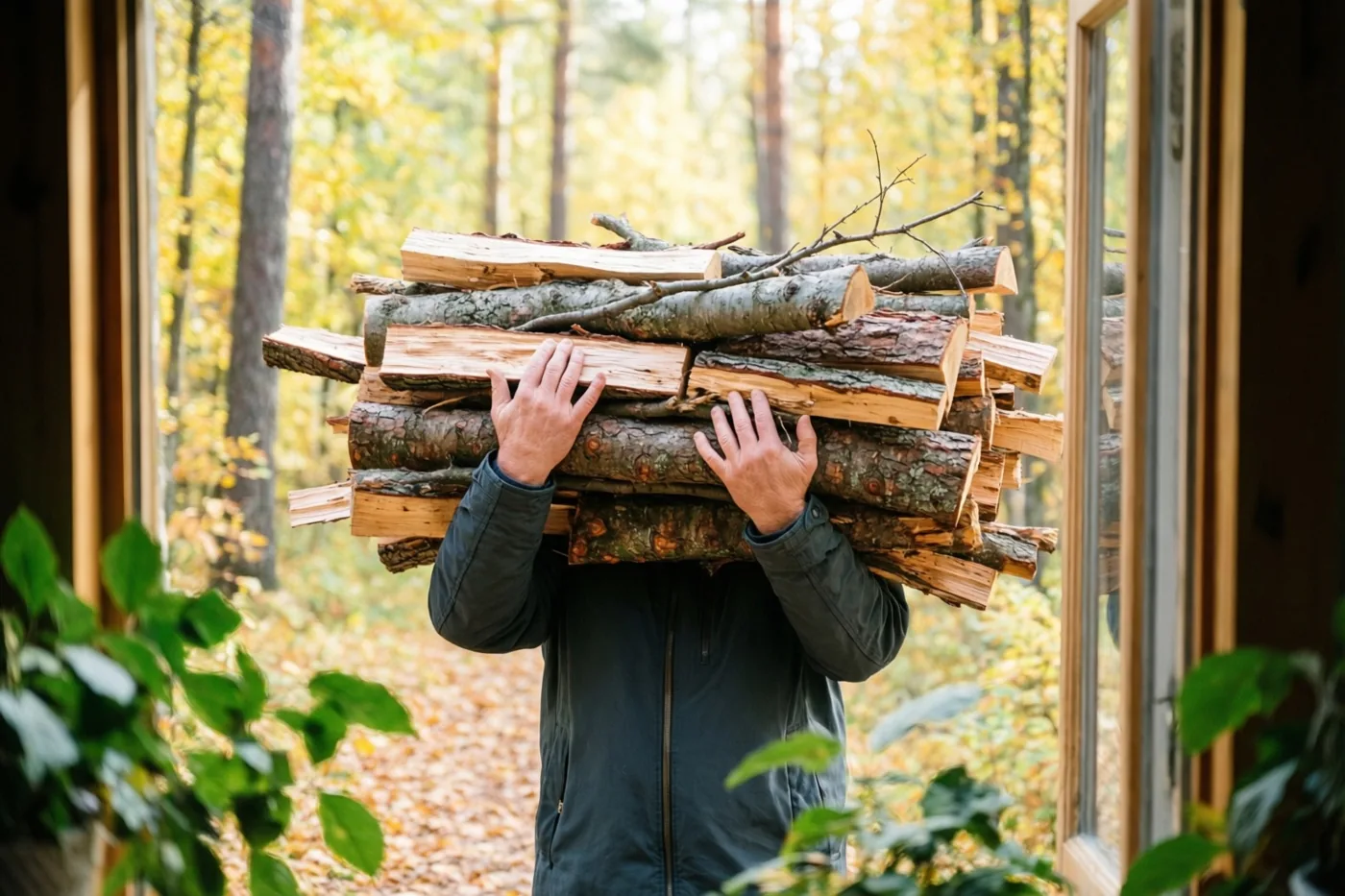 Door een raam, omringd door kamerplanten, zie je de armen en jas van iemand met een grote armvol brandhout bij een herfstbos.