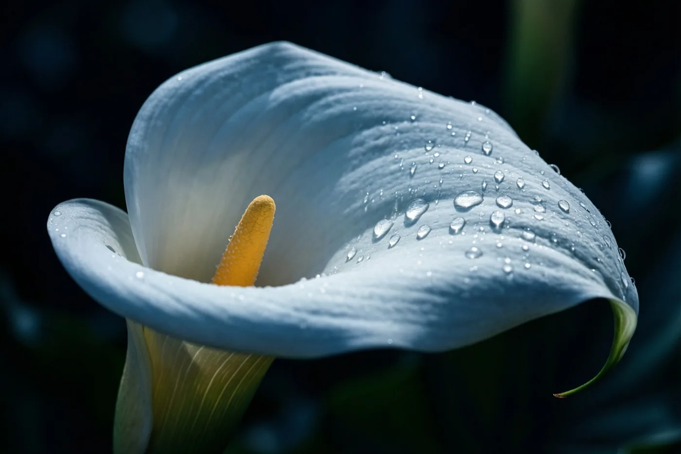 Een witte aronskelk met waterdruppels op het bloemblad is van dichtbij afgebeeld tegen een donkerblauwzwarte achtergrond, met gele accenten in de bloem.