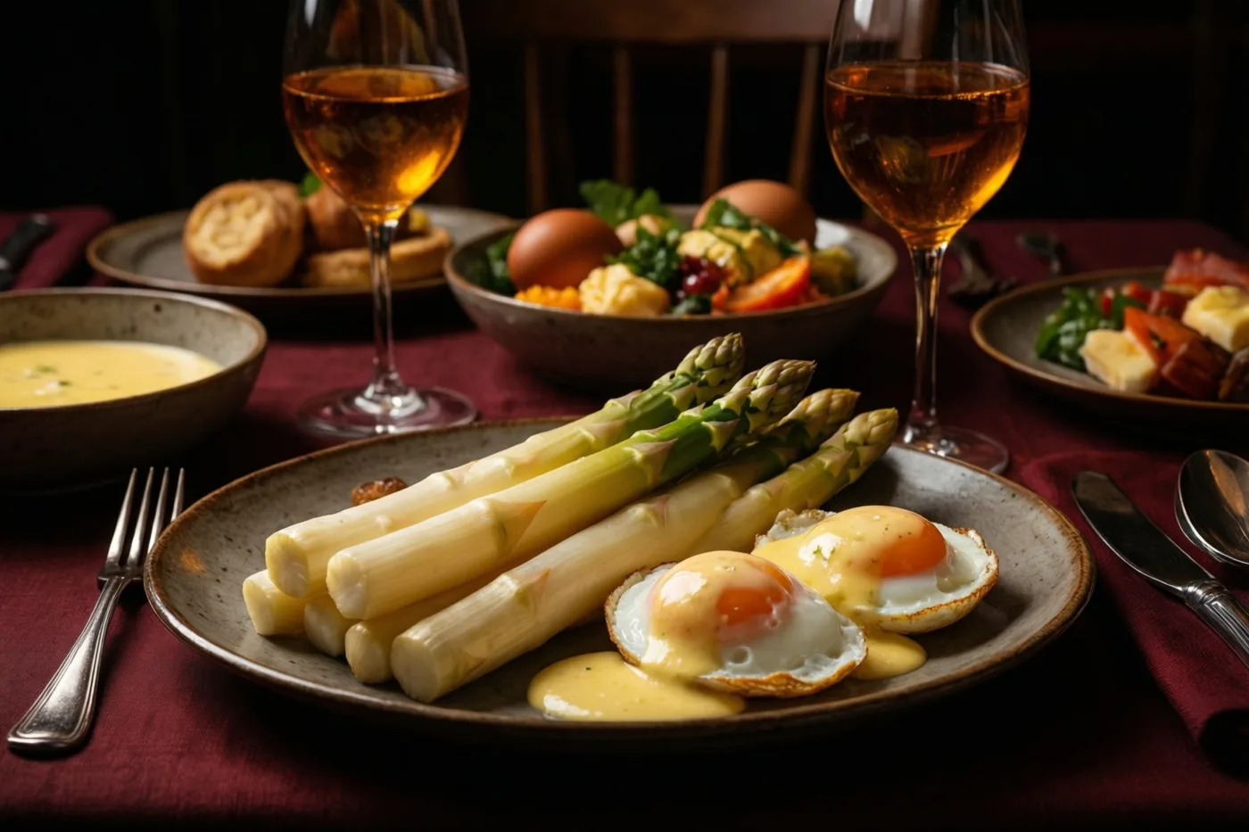 Een bord witte asperges en twee eieren met hollandaisesaus staat op een rood tafelkleed, met wijnglazen en brunchgerechten op de achtergrond.