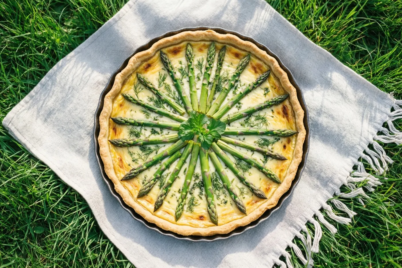 Een quiche met groene asperges en kruiden staat in een metalen bakvorm op een lichtgrijs picknickdeken op groen gras.