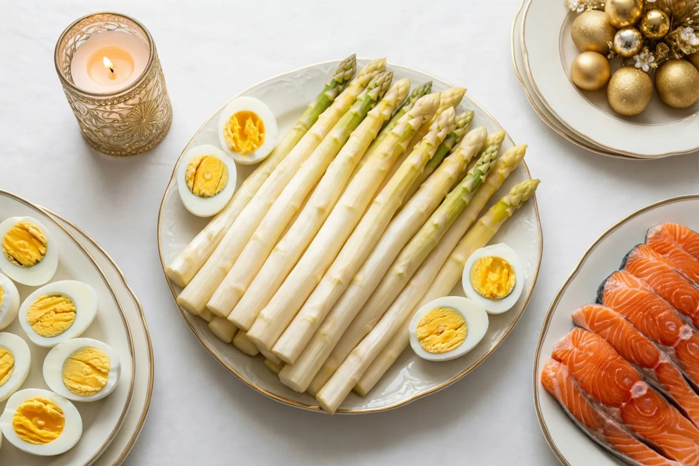 Op een wit tafelkleed staan sierlijke borden met witte asperges, gehalveerde hardgekookte eieren en plakjes zalm, naast een brandende kaars in een sierlijke gouden houder.
