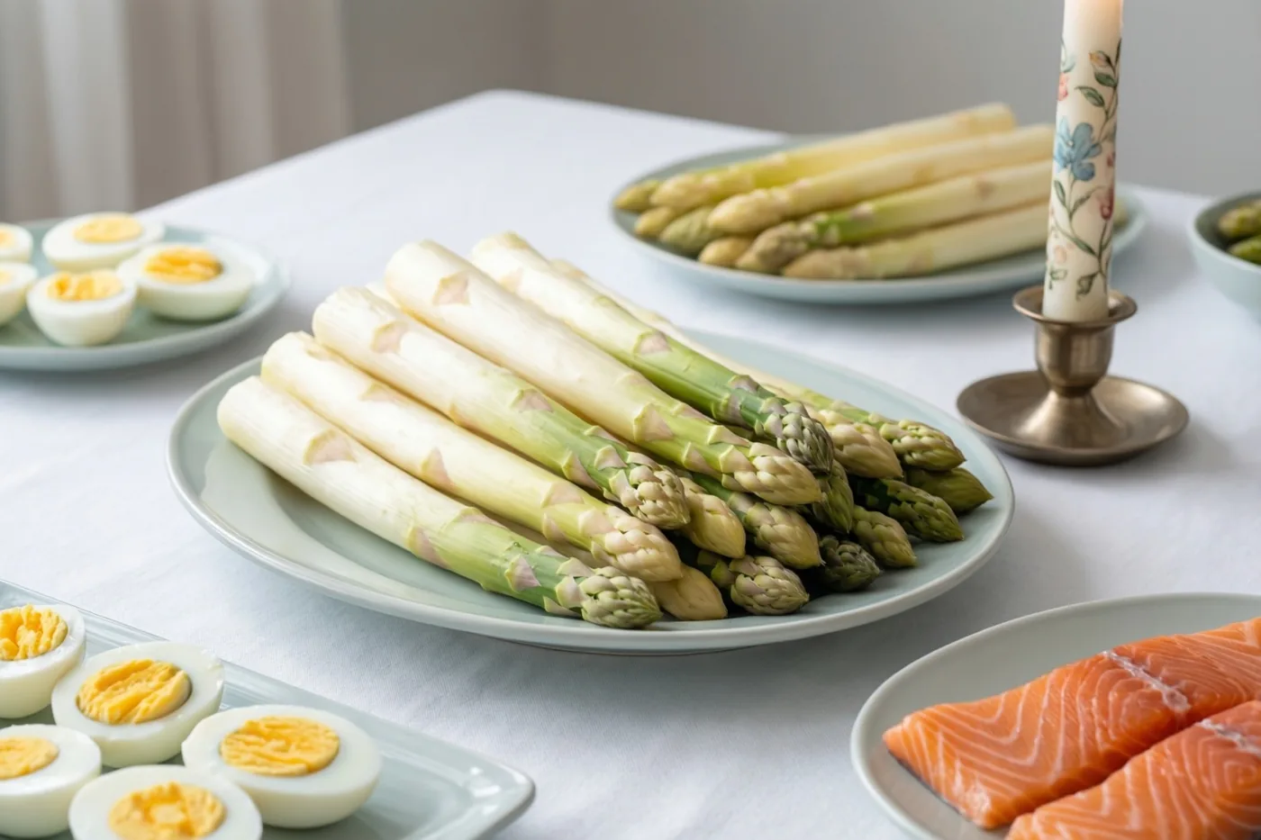 Op een wit tafelkleed staan borden met witte asperges, gehalveerde hardgekookte eieren en zalmfilets, naast een sierkaars in een messing houder in zacht daglicht.