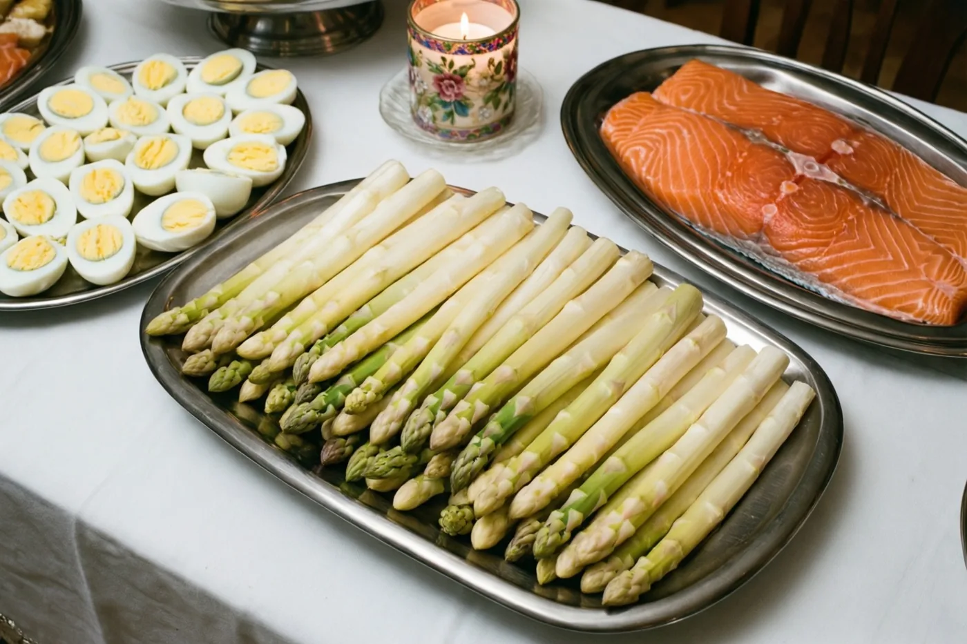 Op een wit tafelkleed staan zilveren schalen met witte asperges, gehalveerde hardgekookte eieren en rauwe zalmfilets, met een brandende sierkaars op de achtergrond.