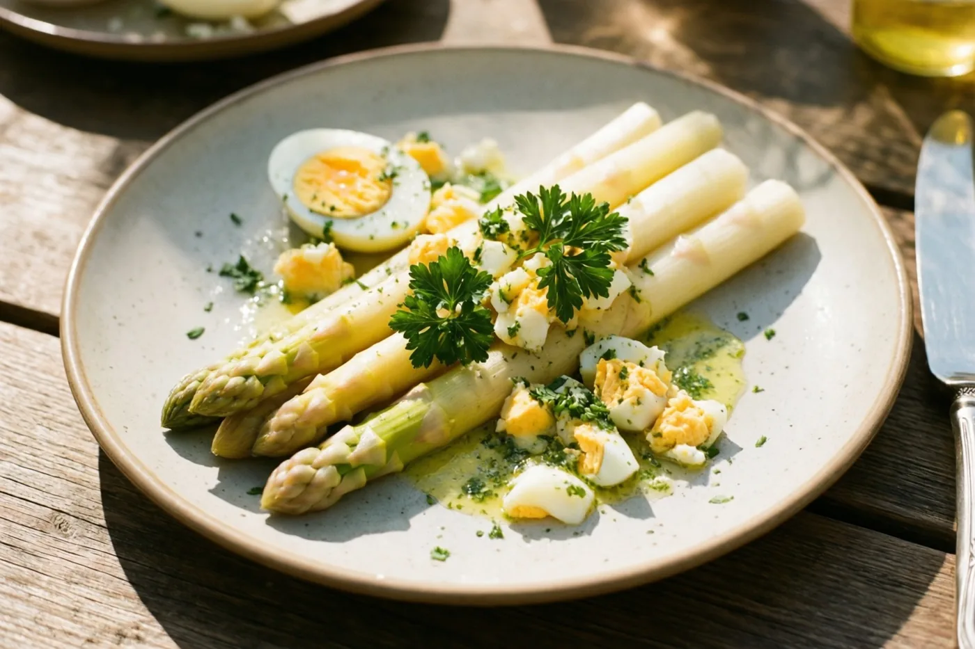 Witte asperges met fijngehakte hardgekookte eieren, verse peterselie en gesmolten boter liggen op een bord op een rustieke houten tafel in helder zonlicht.