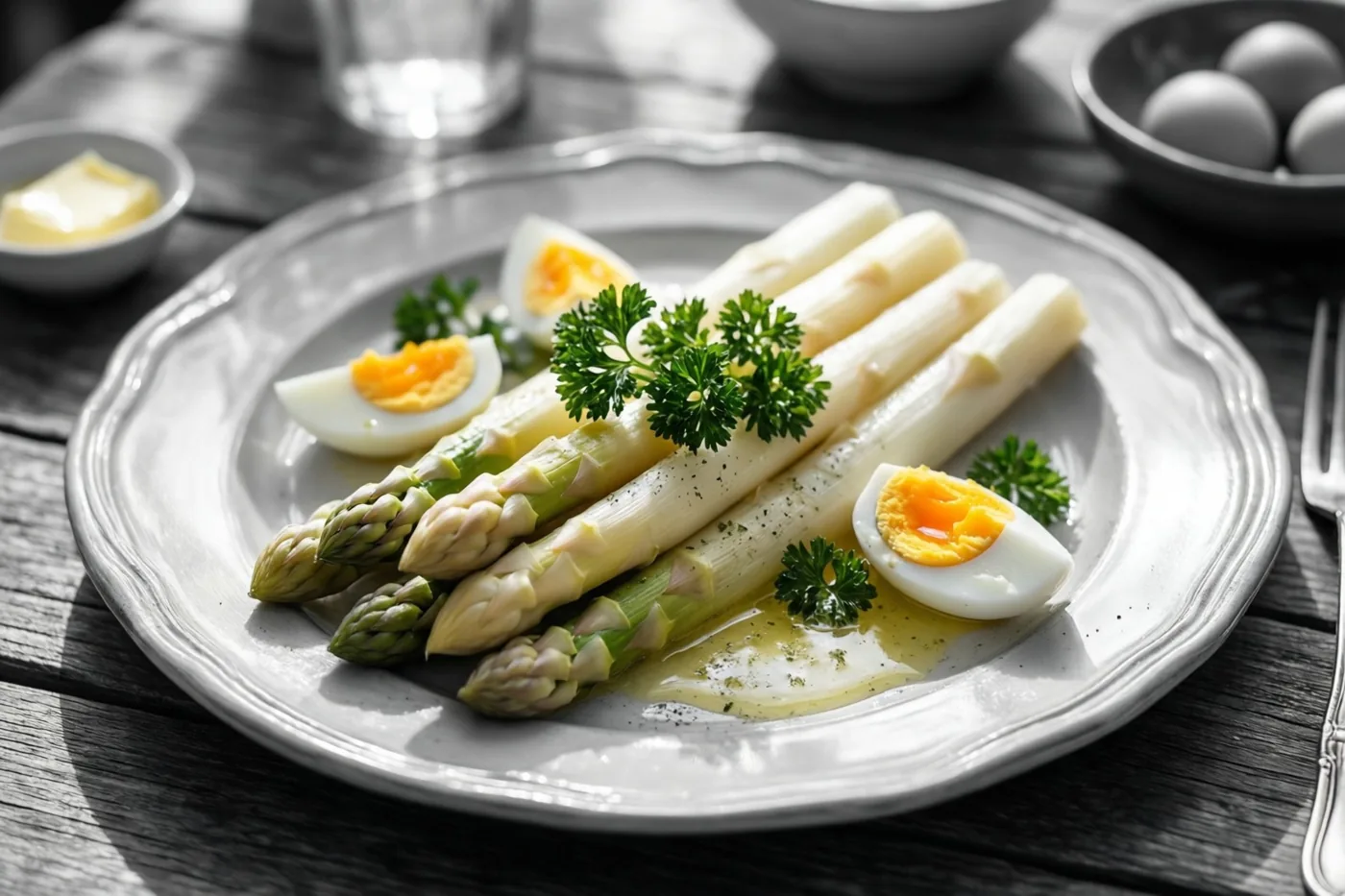 Een bord witte asperges, gehalveerde hardgekookte eieren, verse peterselie en gesmolten boter staat in fel zonlicht op een rustieke houten tafel.