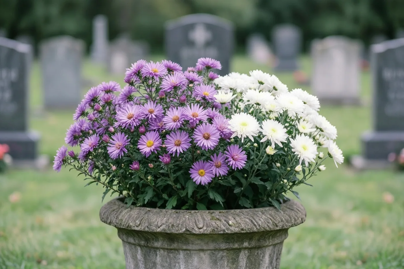 Een stenen bloembak met paarse asters en witte chrysanten staat op een begroeid grafperceel, met onscherpe grafstenen op de achtergrond.