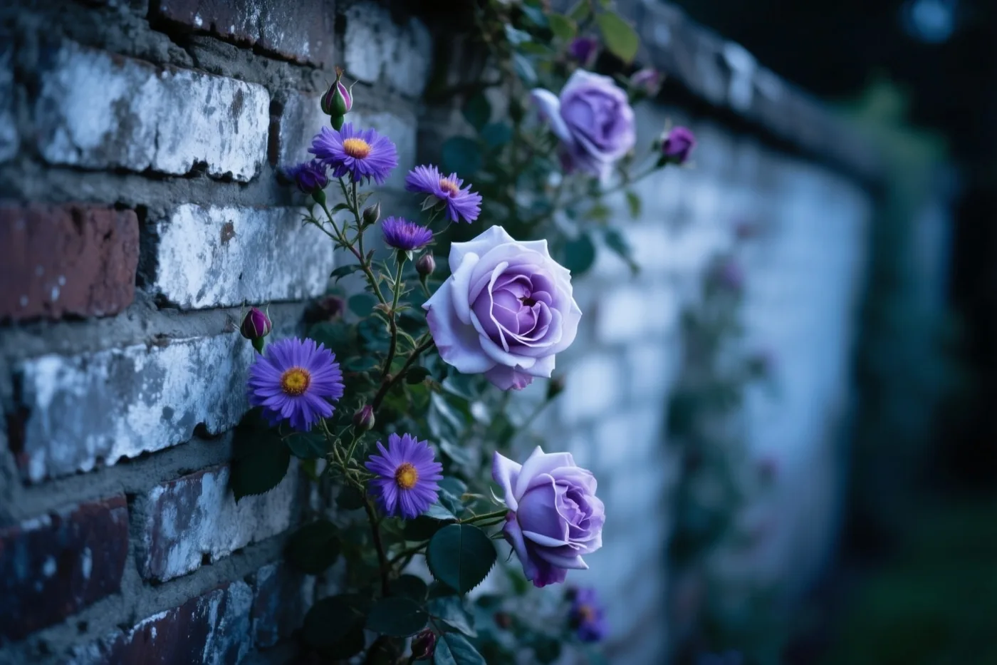 Paarse asters en late rozen groeien tegen een oude bakstenen muur in een ommuurde tuin met koele blauwe tinten.