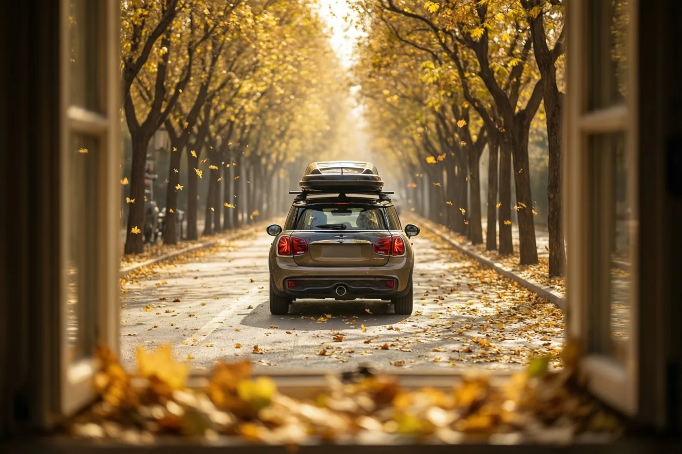 Door een open raam is een wegrijdende auto met een dakrek in een bomenlaan te zien, met goudgele bladeren vooraan en warm zonlicht tussen de bomen.