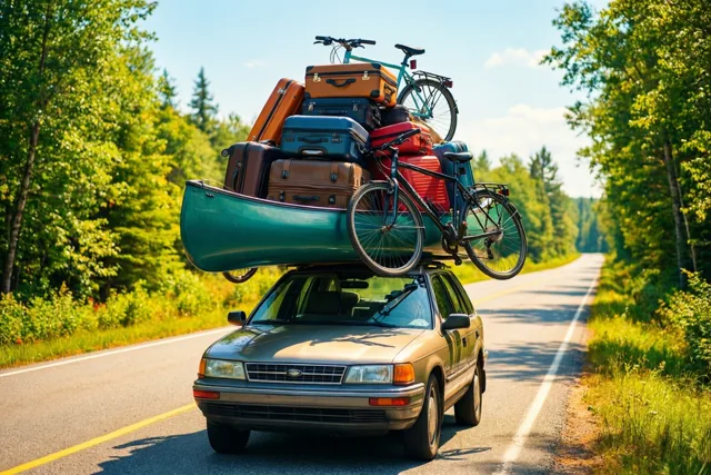 Een auto rijdt over een zonnige weg door een groen bos onder een helderblauwe lucht, met koffers, een kano en twee fietsen hoog op het dak.