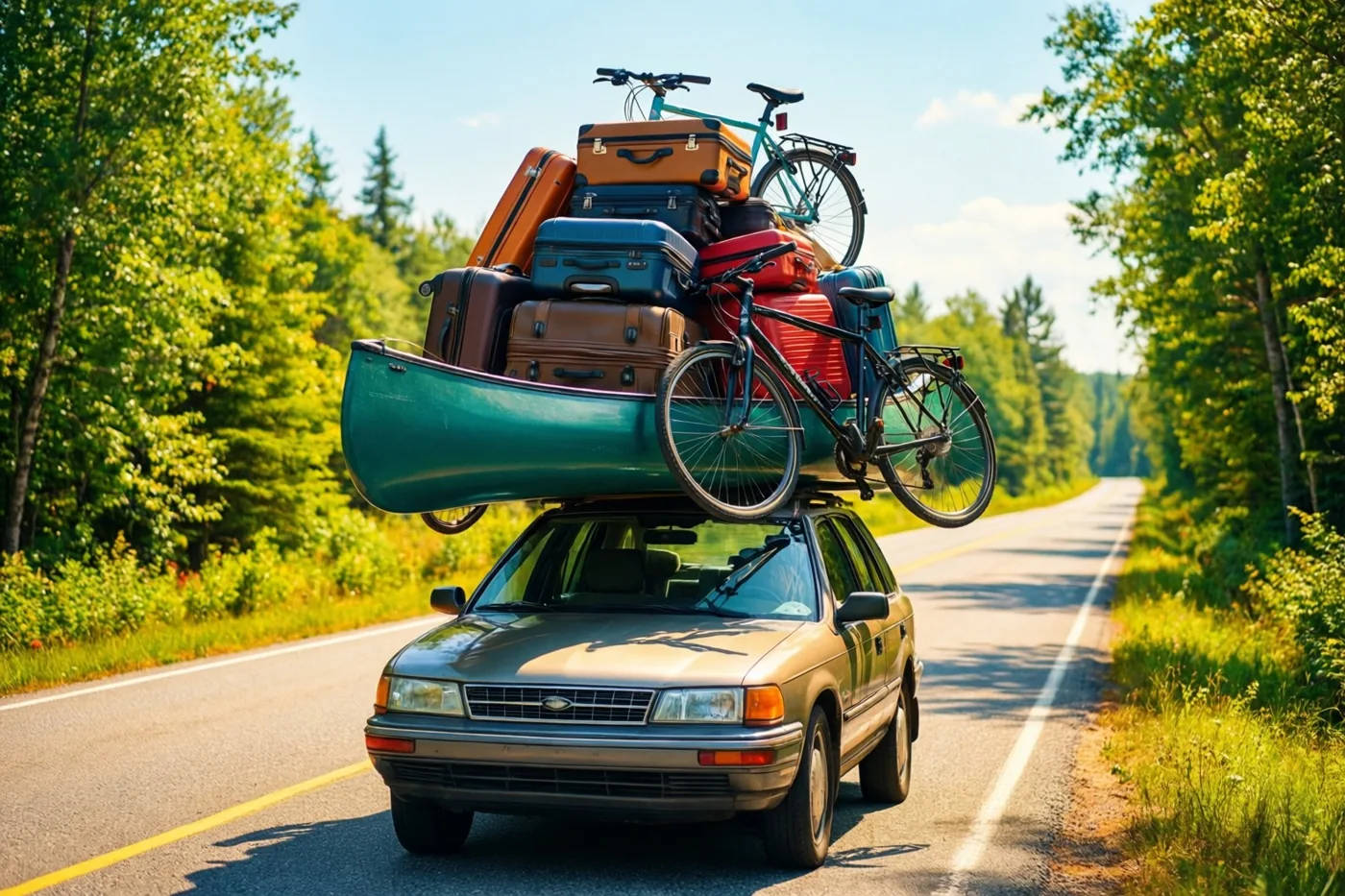 Een auto rijdt over een zonnige weg door een groen bos onder een helderblauwe lucht, met koffers, een kano en twee fietsen hoog op het dak.
