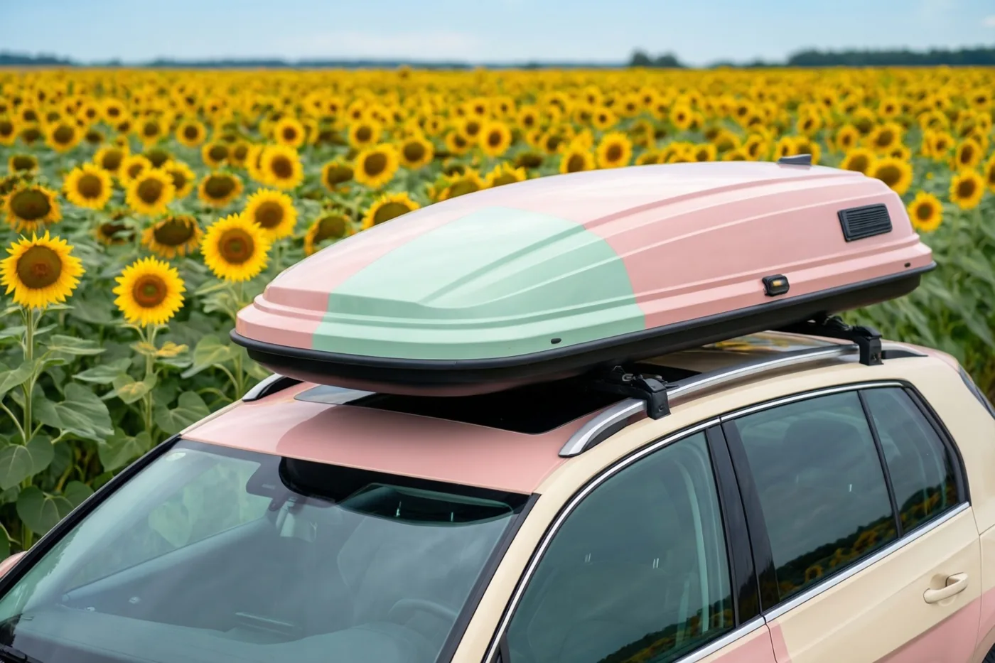 Een auto met een pastelroze en mintgroene dakkoffer staat naast een groot veld zonnebloemen onder een helderblauwe hemel.