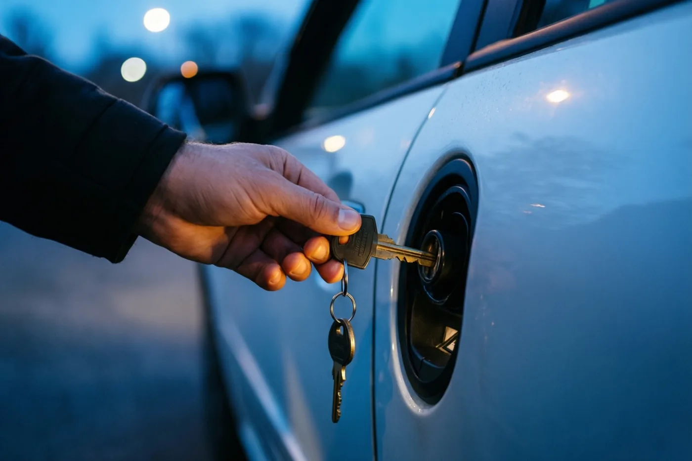 Een hand steekt een sleutel in het contact van een kleine auto, met koele blauwe tinten en warme lichtaccenten tegen een onscherpe avondachtergrond.