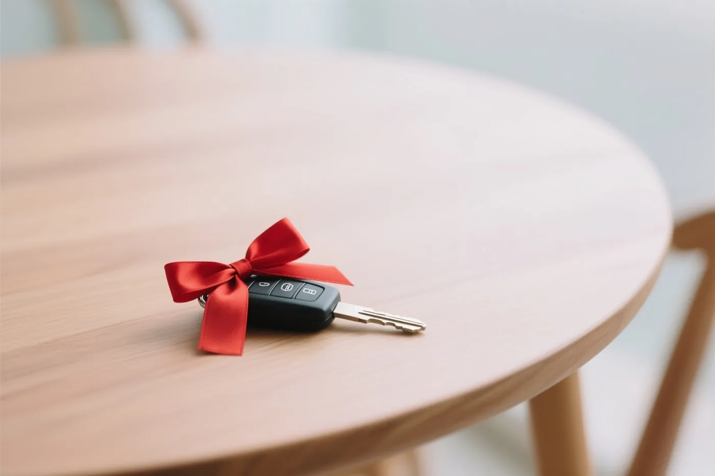 Een autosleutel met een rode strik ligt op een lichte houten tafel in zacht licht.