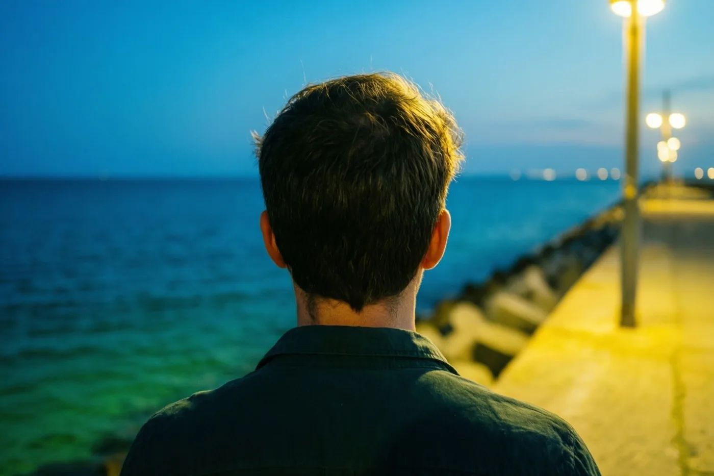 Een persoon staat van achteren gezien op een dijk en kijkt uit over zee bij schemering, met gele straatlichten tegen de diepblauwe lucht en het water.