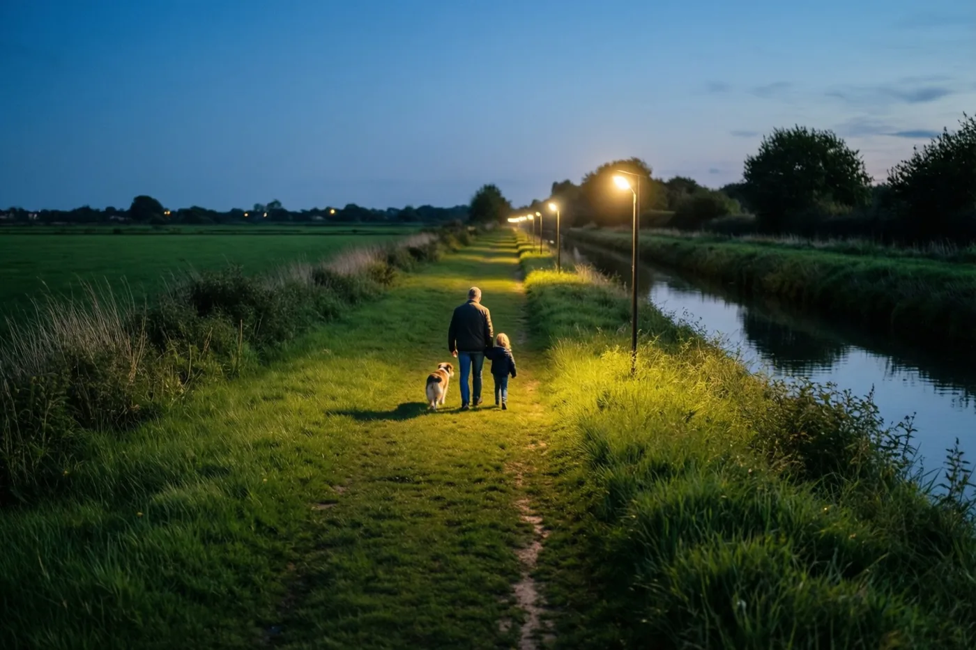Een vader en kind wandelen met een hond over een met gras begroeid jaagpad langs een kanaal, onder straatlampen en een diepblauwe avondlucht in een vlak groen landschap.