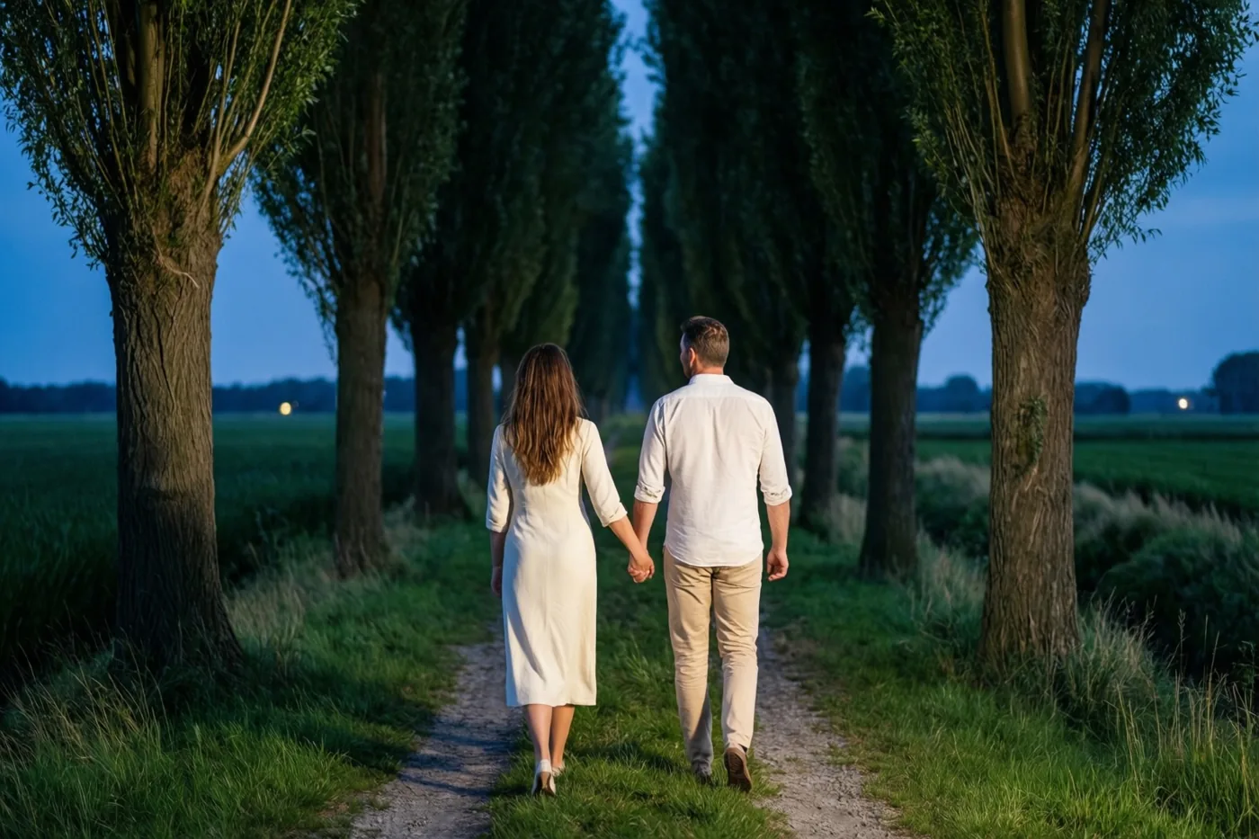 Een koppel loopt hand in hand over een onverhard pad tussen knotwilgen in een polderlandschap bij schemering, in zachte blauwe en groene tinten.