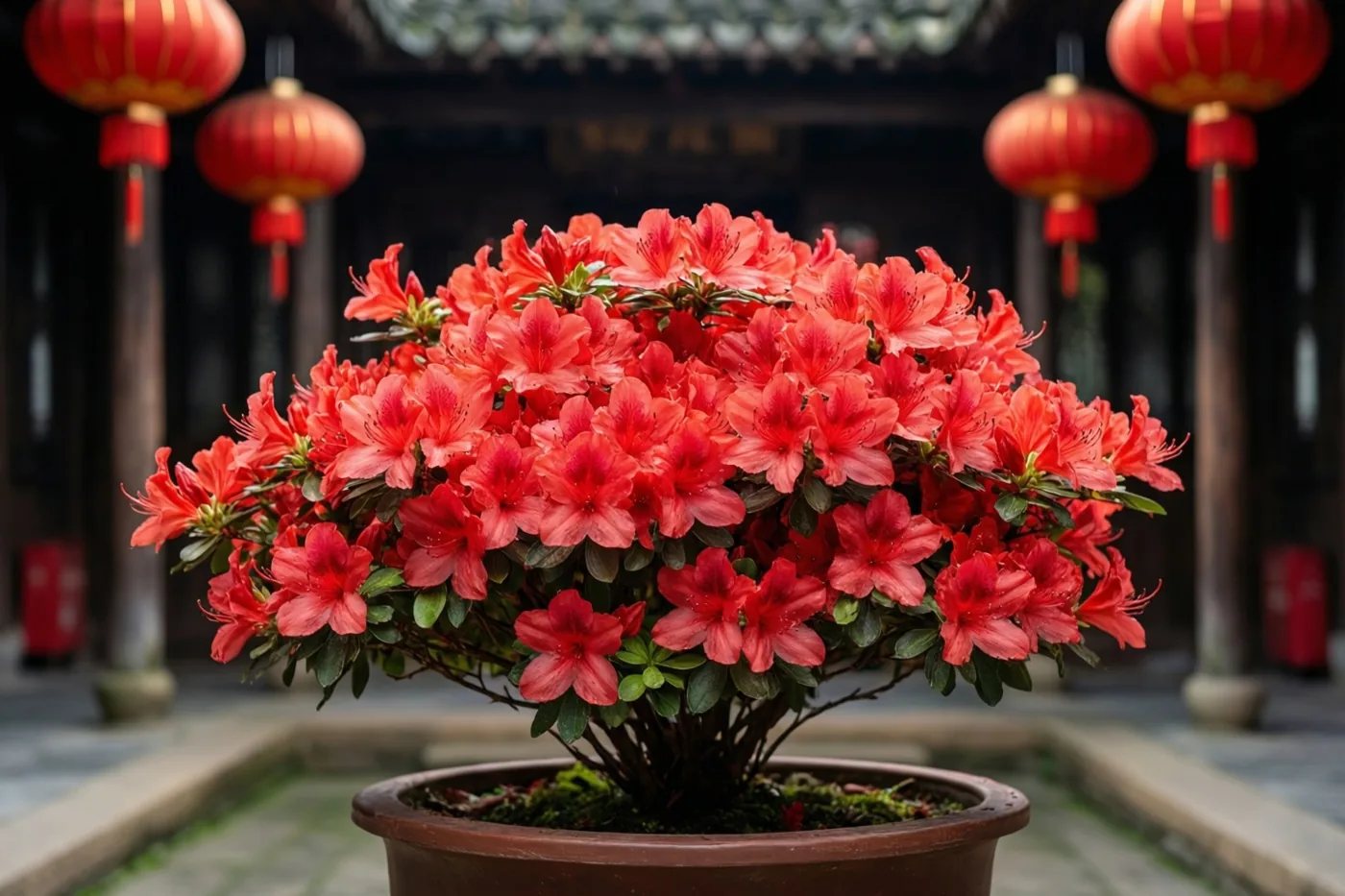 Een pot met felrode azalea's staat vooraan op een traditionele binnenplaats, met rode lantaarns aan de dakranden op de achtergrond.