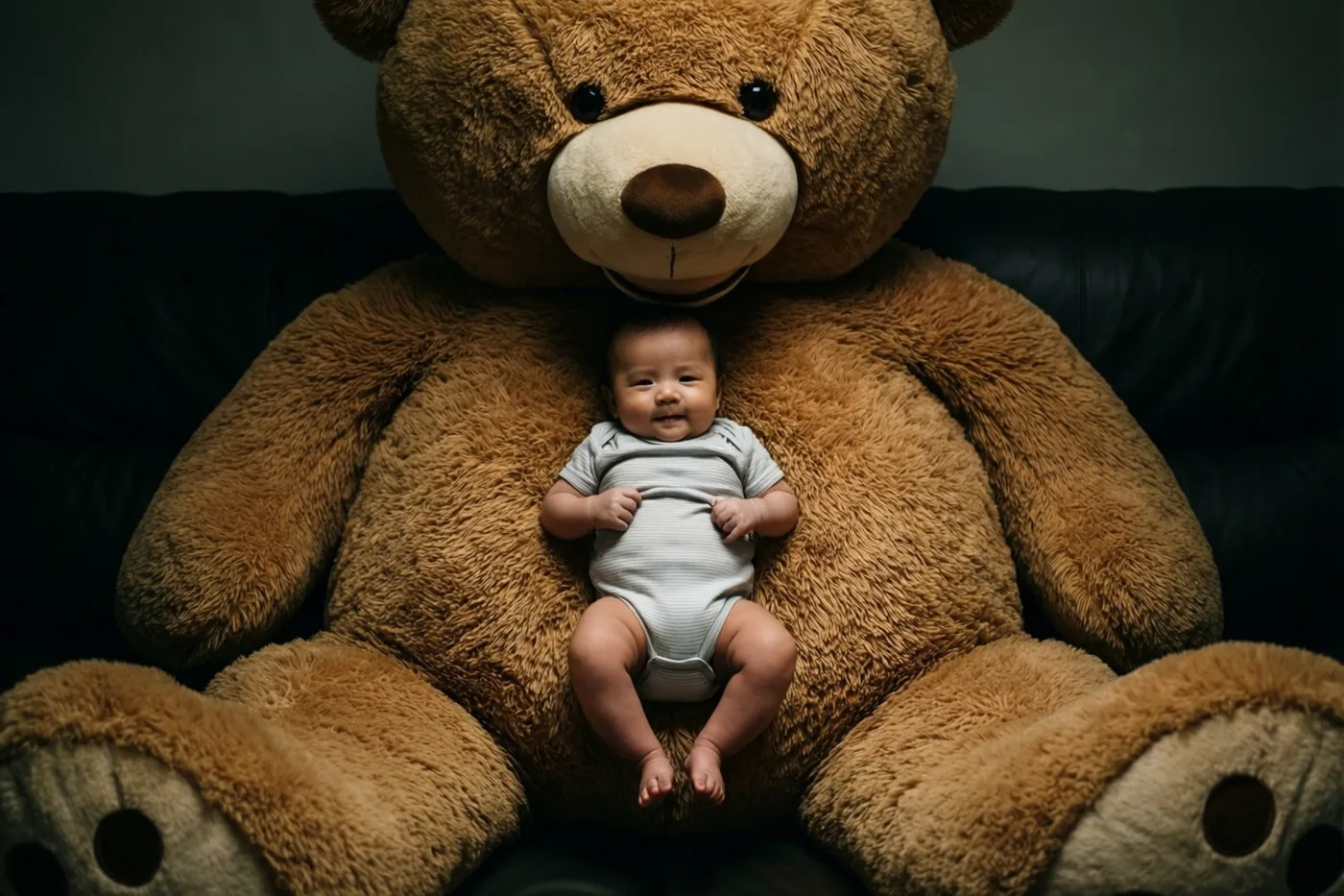 Een kleine baby in een gestreept kruippakje zit op de schoot van een reusachtige bruine teddybeer tegen een donkere achtergrond in warm licht.