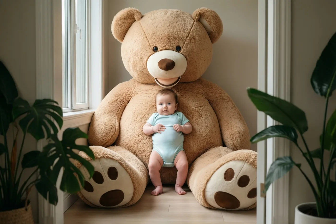 Een baby in een lichtblauw kruippakje zit op de schoot van een enorme bruine teddybeer bij een raam met potplanten aan weerszijden.
