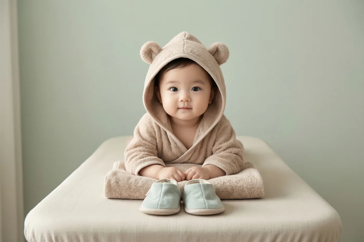 Een baby met een beige badcape met berenoortjes zit op een verzorgingstafel met lichtblauwe slofjes ervoor, tegen een lichtgroene muur.