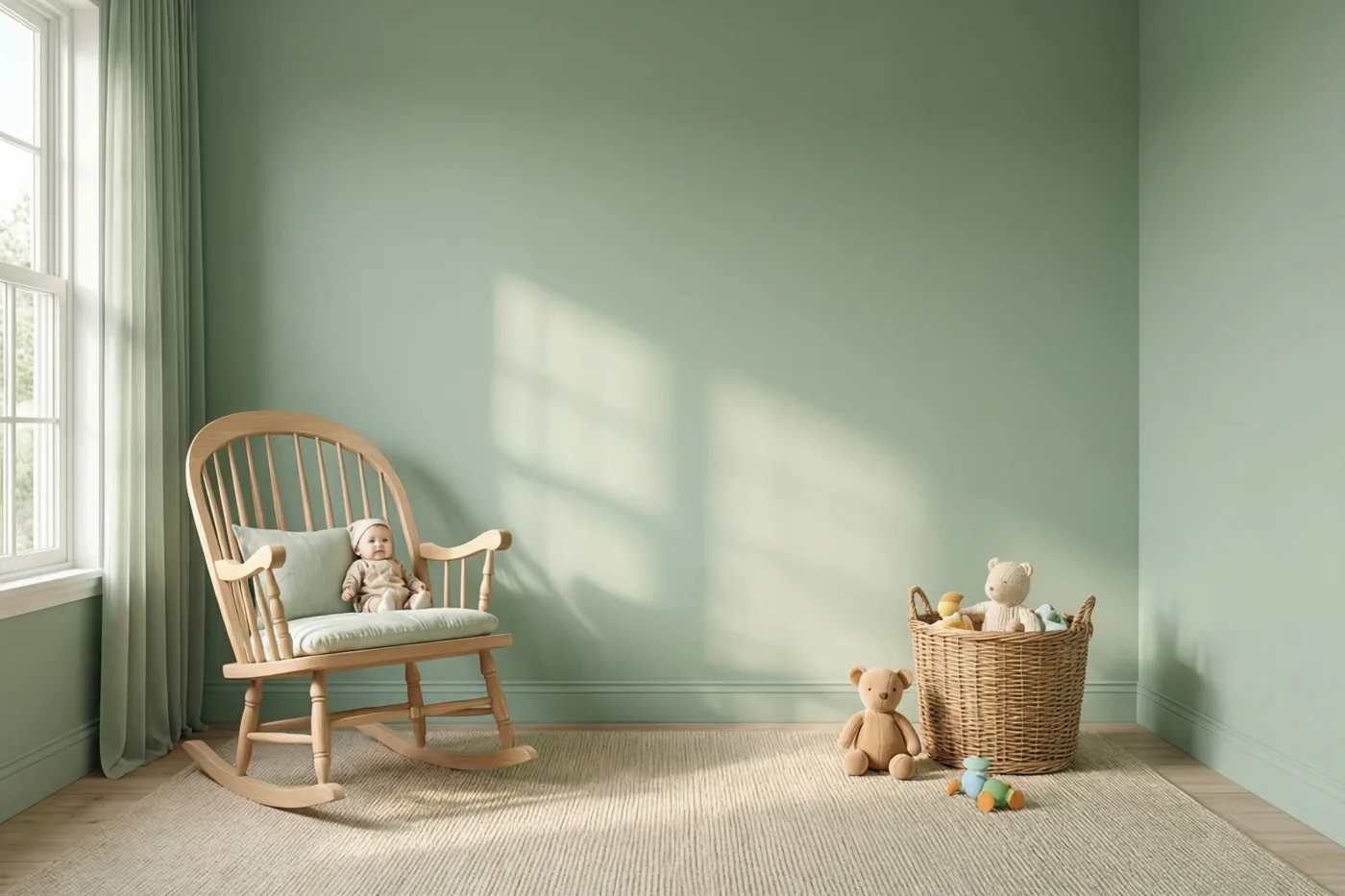 Een baby zit in een houten schommelstoel bij het raam van een saliegroene babykamer met een beige tapijt en een rieten speelgoedmand.